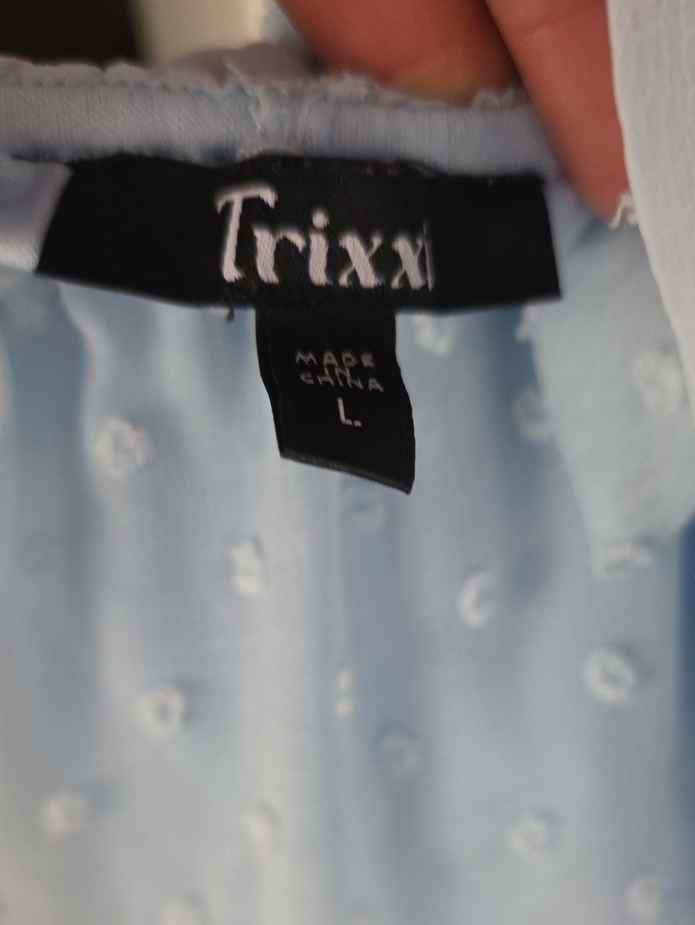 Trixxi Baby doll Powder Blue Swiss Dot Ruffle Open Back Midi Dress. Size Large. - Picture 8 of 10